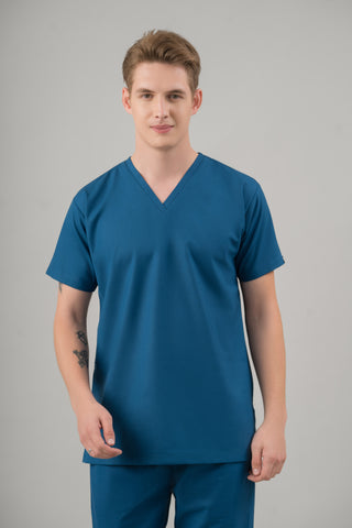 Serene Blue Scrub Top- Creme Comfort